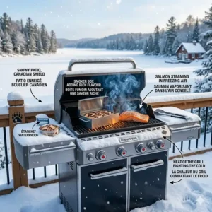 Illustration of a smoker box for gas grill being used during a snowy Canadian winter to add smoky flavor to salmon.