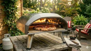 Graphic of an insulated outdoor gas pizza oven operating in the Canadian winter snow on a deck.