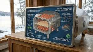 A compact electric pizza oven being stored easily inside a kitchen cabinet, perfect for space-saving apartment living in Canada.