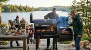 A Canadian family enjoying a backyard cookout using a 2-in-1 grill smoker combo at a cottage.