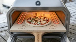 A technical illustration of the dual heating elements inside an electric pizza oven, ensuring an evenly baked crust and melted cheese.