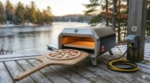 A diagram comparing the fast preheating time of an electric pizza oven against a traditional wood-fired brick oven.
