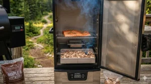An electric smoker with a digital temperature display showing a salmon fillet being smoked indoors or on a small patio.