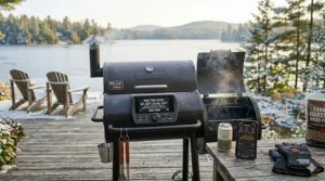 Digital temperature control interface for a modern 2-in-1 grill smoker combo with Bluetooth connectivity.