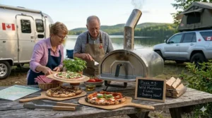 Outdoor winter cooking demonstration using a portable wood fired pizza oven in a snow-covered Canadian backyard.