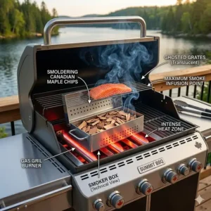 Close-up illustration of a smoker box for gas grill positioned under the cooking grates for maximum smoke infusion.