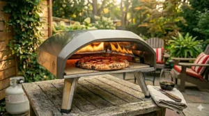 Cross-section graphic explaining heat distribution on a cordierite stone inside a backyard gas pizza oven.