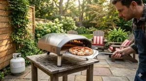 Illustration showing a high-heat gas pizza oven thermometer reaching 500 degrees Celsius for fast outdoor cooking.
