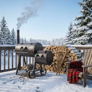 Illustration of premium hardwood pellets being poured into a smoker hopper during a Canadian snowstorm.