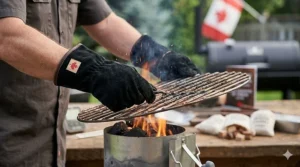 Insulated heat-resistant BBQ gloves designed for handling hot smoker grates and trays safely.