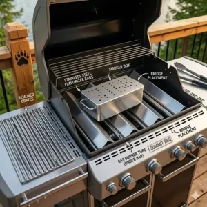 Diagram showing how to place a smoker box for gas grill directly on the heat deflectors of a barbecue.