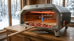 An indoor electric pizza oven on a kitchen countertop baking a pizza while it snows outside, highlighting smoke-free indoor cooking in Canada.
