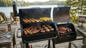 Top-down view of the large cooking surface area of a 2-in-1 grill smoker combo loaded with food.