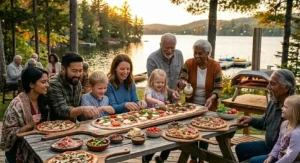 Compact portable gas pizza oven with legs folded flat, demonstrating easy storage for tailgating or road trips. Four à pizza au gaz portable et compact avec pieds rabattables pour un rangement et un transport faciles.