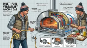 Meilleur four à pizza pour votre cour (Best pizza oven for your yard) on a chalkboard, illustrating a happy family gathering in Quebec.