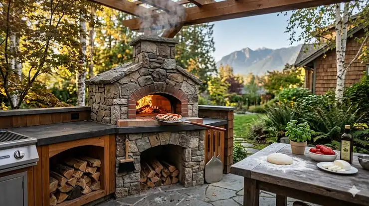 A high-end Canadian backyard patio featuring a custom stone outdoor kitchen with a premium built in wood fired pizza oven burning brightly at sunset.