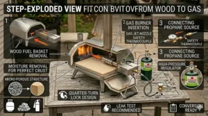 Graphic detailing a thick cordierite pizza stone inside a multi fuel pizza oven for crisp crust retention.