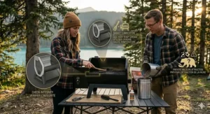 Alt text for image 8: A detailed photorealistic illustrative infographic showcasing a robust, built-in Muskoka lake house grilling station and outdoor kitchen, presented in 4K quality. The central illustration is a rustic-modern stone and timber outdoor kitchen overlooking a turquoise Muskoka lake during a vibrant sunset. A large, complex, wood-fired offset smoker (labeled 'THE MUSKOKA MASTER') is integrated into the stone counter, alongside a gas grill and a wood-fired pizza oven. Surrounding the main view are smaller illustrative panels with technical and lifestyle details: 1) A cutaway 'HEAVY-DUTY GASKET SYSTEM / SYSTÈME DE JOINT ROBUSTE' with magnified texture detail and a temperature gauge showing 'FROST-TOLERANT / TOLÉRANCE AU GEL'. 2) A diagram for 'MULTI-ZONE FUEL OPTIONS / OPTIONS DE COMBUSTIBLE MULTI-ZONES' showing 'Hardwood Logs', 'Pellets', and 'Propane'. 3) A lifestyle illustration 'CANADIAN MAPLE BRISKET RECIPE / RECETTE DE POITRINE DE BŒUF À L'ÉRABLE' with a sliced meat detail. 4) A detail of 'CANOE DOCK ACCESS / ACCÈS AU QUAI DE CANOE' showing a stowed canoe. Bilingual titles and clean callouts define all parts with rich golds, rusts, greens, and stone greys under natural, soft light.