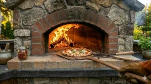 A close-up shot of a Neapolitan Margherita pizza being rotated with a wooden peel inside a roaring built in wood fired pizza oven.