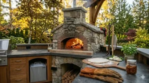 Essential outdoor pizza making tools including heavy-duty leather gloves, an infrared thermometer, and a turning peel sitting next to a built in wood fired pizza oven.
