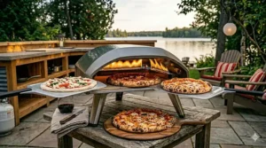 Safety dimension diagram showing proper backyard patio clearance for operating a residential gas pizza oven.