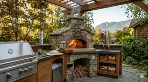 A built in wood fired pizza oven station featuring built-in wooden shelving units for fresh ingredients, wood storage, and cooking accessories.
