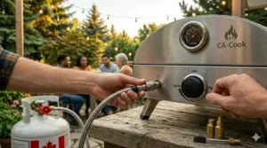A safety illustration showing proper distance clearances for operating an outdoor propane pizza oven safely on a deck.