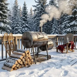 A cozy lifestyle illustration of a smoker on a deck next to a stack of firewood and a pair of snowshoes.