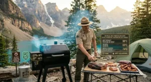 Alt text for image 3: A high-detail, 4K photorealistic photograph set at a campsite in the Canadian Rockies by a turquoise lake. A friendly Parks Canada Ranger, in uniform, points to the digital PID controller of the active portable pellet smoker from previous images. A glowing green safety icon with text 'OK, COMPLIANT / CONFORME' floats near the smoker, which features its Canadian Maple fuel. The camper family watches. In the foreground, an instructional metal ash bucket is visible, and the detailed smoked brisket and meats are displayed on the cleaned picnic table. A safety sign regarding proper ash disposal is present. The landscape is sharp and detailed, under natural golden hour light.