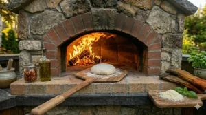 Artisanal pizza dough dusted with flour on a wooden peel, positioned in front of a preheated masonry built in wood fired pizza oven.