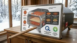 A portable electric pizza oven set up on a lakeside cottage deck in Canada, powered by a compact generator for outdoor summer dining.