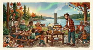 A portable gas pizza oven hooked up to a small propane tank on a wooden lakeside cottage dock in Ontario. Four à pizza au gaz portable branché sur une bouteille de propane sur le quai d'un chalet au bord du lac.