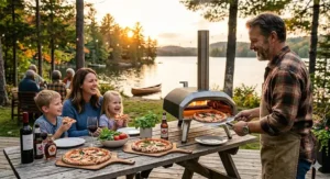 Component diagram showing a portable gas pizza oven adapter connecting to a standard Canadian 20lb propane tank. Schéma de connexion d'un four à pizza au gaz portable à une bouteille de propane canadienne standard de 20 lb.