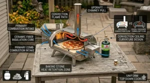 A size chart and clearance guide for a portable multi fuel pizza oven layout on a residential patio deck.