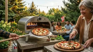 Illustration of a compact, portable propane pizza oven set up at a lakeside camping site in Ontario.