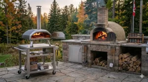 Comparison illustration of a compact tabletop portable model versus a backyard brick built-in wood fired pizza oven.