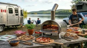 Premium portable wood fired pizza oven setup on a lakeside cottage dock during a Canadian summer afternoon.