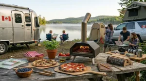 Graphic showcasing the compact travel setup with folding legs on an outdoor portable wood fired pizza oven.