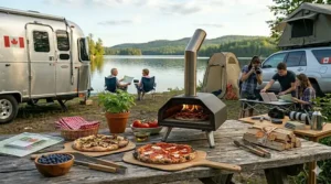 Fuel illustration comparing food-grade hardwood pellets and kiln-dried oak blocks for a portable wood fired pizza oven.