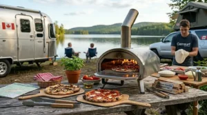 Heat graphic showing a portable wood fired pizza oven reaching 500 degrees Celsius for authentic 60-second pizza baking.