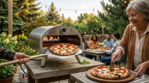 Graphic illustration of a portable pizza oven connecting to a standard twenty pound Canadian propane cylinder tank.