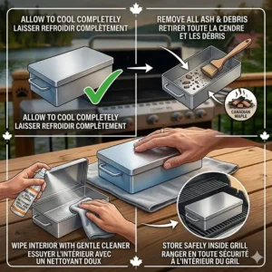 Safety guide showing how to clean a stainless steel smoker box for gas grill after a summer BBQ session.
