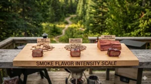 A scale showing the smoke flavor profile from electric (mild) to pellet (balanced) and charcoal (heavy) for BBQ enthusiasts.