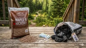 Comparison of fuel costs in Canada for smokers, featuring bags of pellets and charcoal with prices in CAD.