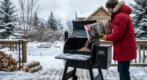 A winter BBQ guide icon featuring the Canadian maple leaf and "Smoker Tips / Conseils pour fumoir" text.