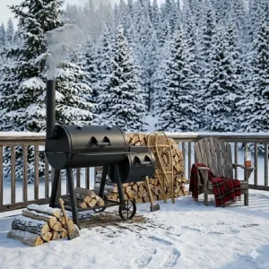 Illustration of a smoker prepared for traditional Canadian wild game, such as venison or salmon, in a winter setting.