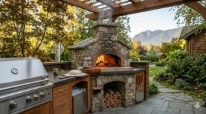 A luxury outdoor kitchen setup combining a stainless steel BBQ grill and a custom masonry built in wood fired pizza oven under a cedar pergola.