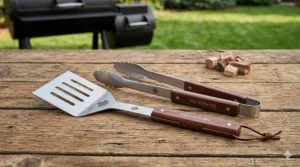 Heavy-duty stainless steel tongs and spatulas, part of an essential smoker accessories starter kit for Canadian grillers.