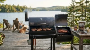 Illustration showing a 2-in-1 grill smoker combo simultaneously searing steaks and slow-smoking brisket.