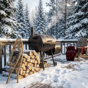 Illustration of essential winter smoking gear including a thermal blanket, BBQ gloves, and a digital meat thermometer.